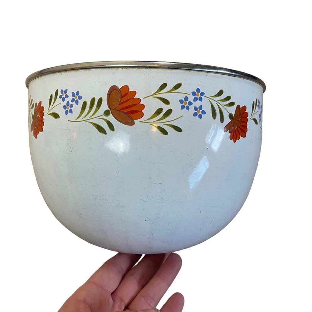 Vintage MCM 1970's Kobe Kitchen Mixing Bowl Enamel White Floral